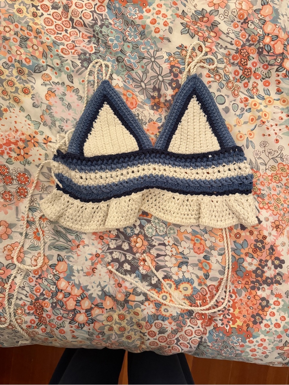 Crocheted Blue and Cream Ruffle Bralette Crop Top